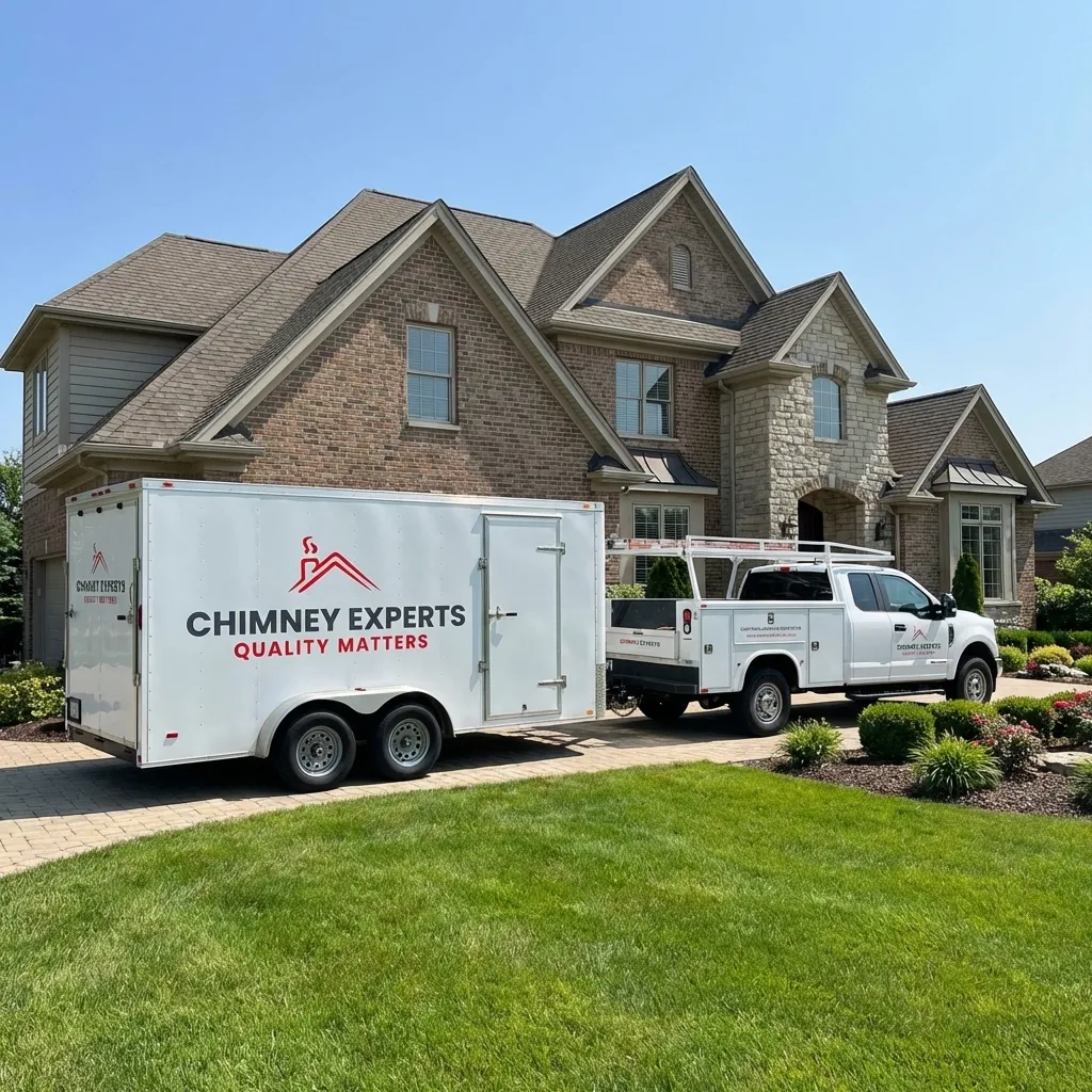 Chimney Experts service truck and trailer at Louisville Kentucky home
