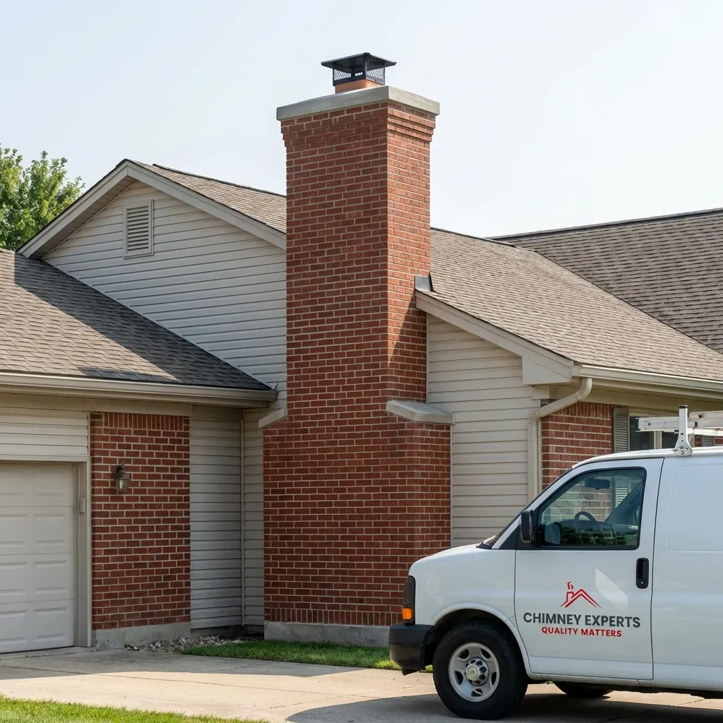 Chimney repair service truck beside brick chimney in Louisville KY